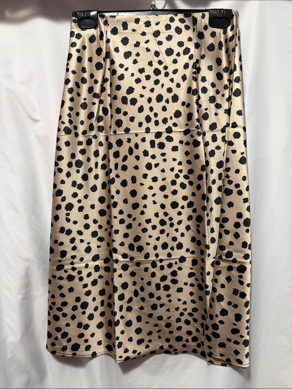 Beige and Black Spotted Satin Midi Skirt